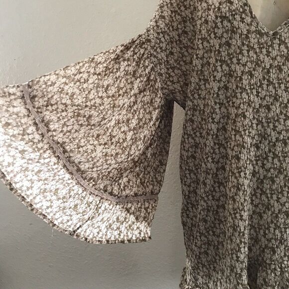 Storia Beige Neutral Tan Floral Chiffon V Neck Oversized Boho Mini Dress - S - Picture 2 of 8